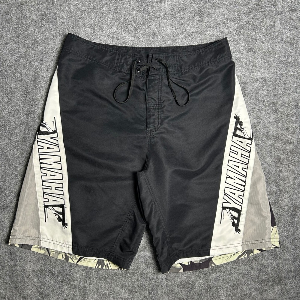 Yamaha Board Shorts Black White Graphic Skater Baggy Y2K Retro Size 36